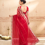 red embroidered tissue organza saree wedding wear