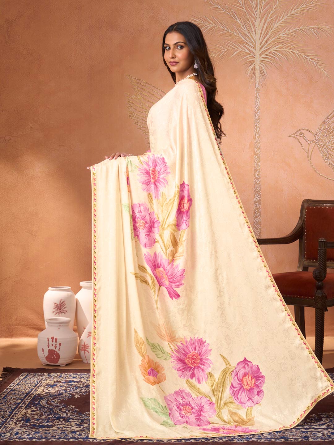 Cream embroidered silk blend saree daily wear