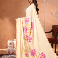 Cream embroidered silk blend saree daily wear