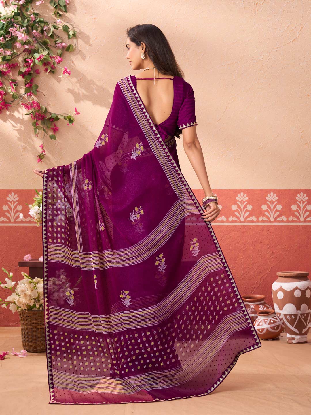 Purple geometric printed chiffon saree festive wear