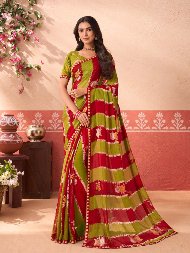 Green floral printed chiffon saree daily wear