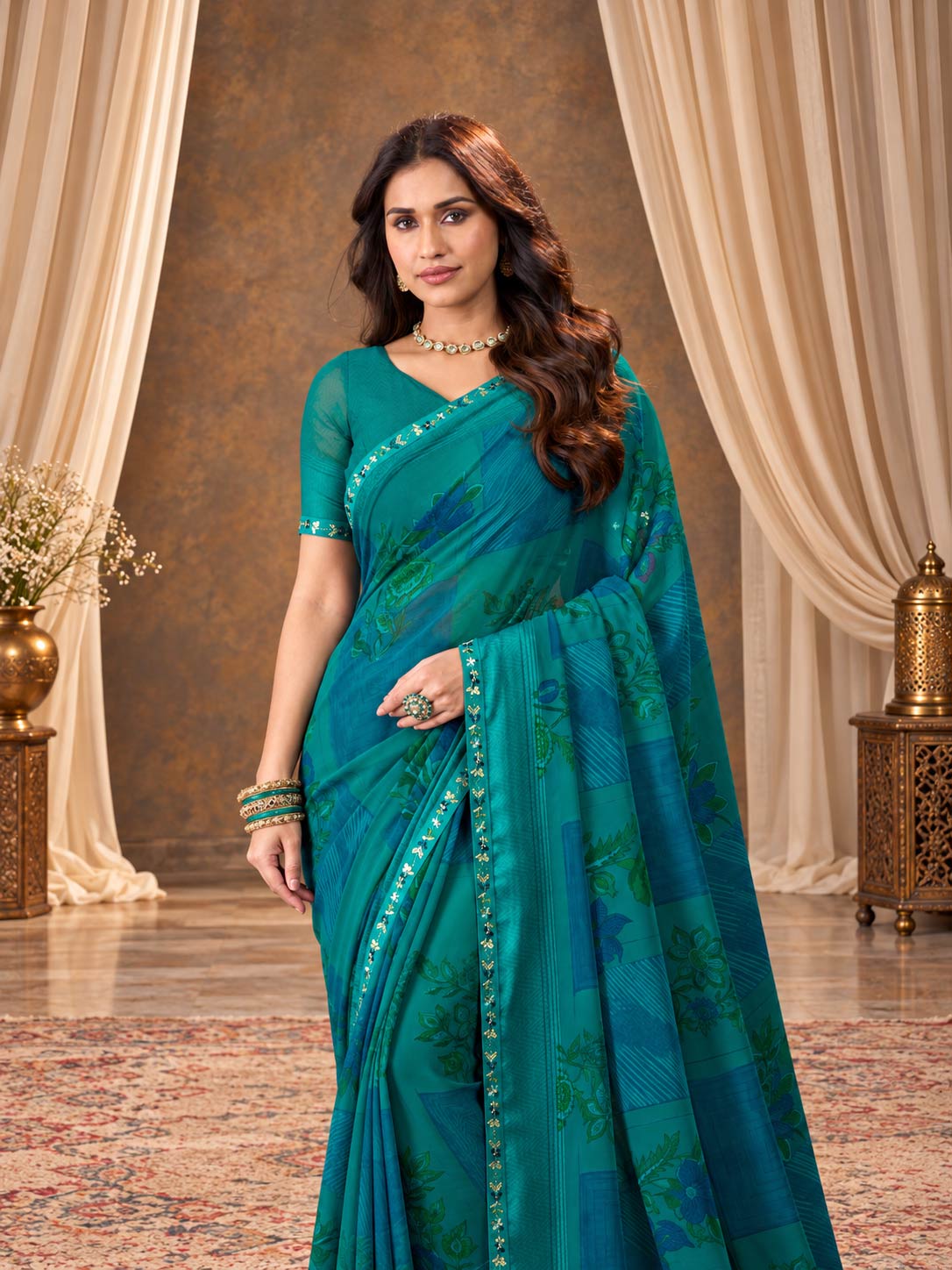 Blue printed georgette saree wedding wear