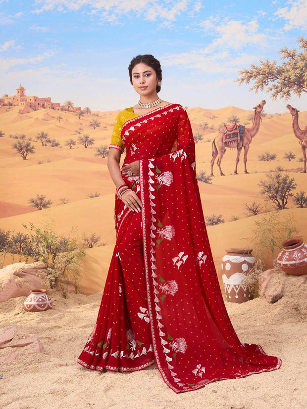 Red bandhani printed georgette saree festive wear