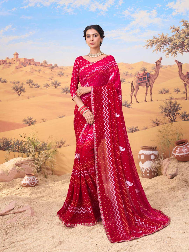 Pink bandhani printed georgette saree festive wear