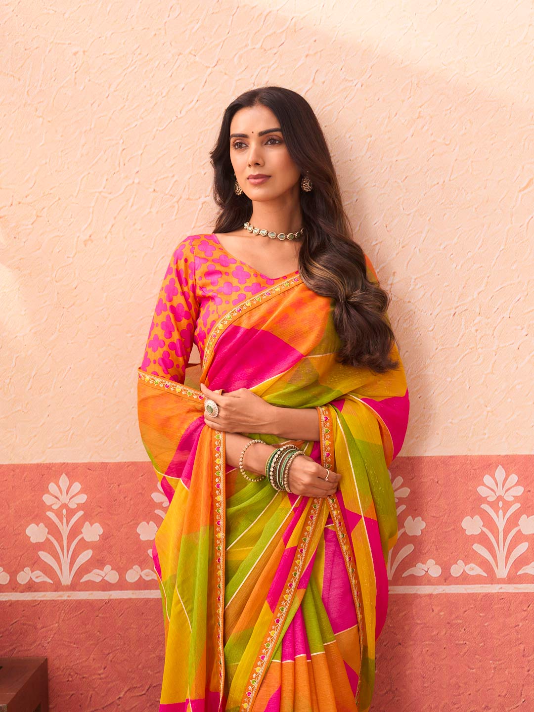 Multicolor printed chiffon saree wedding wear