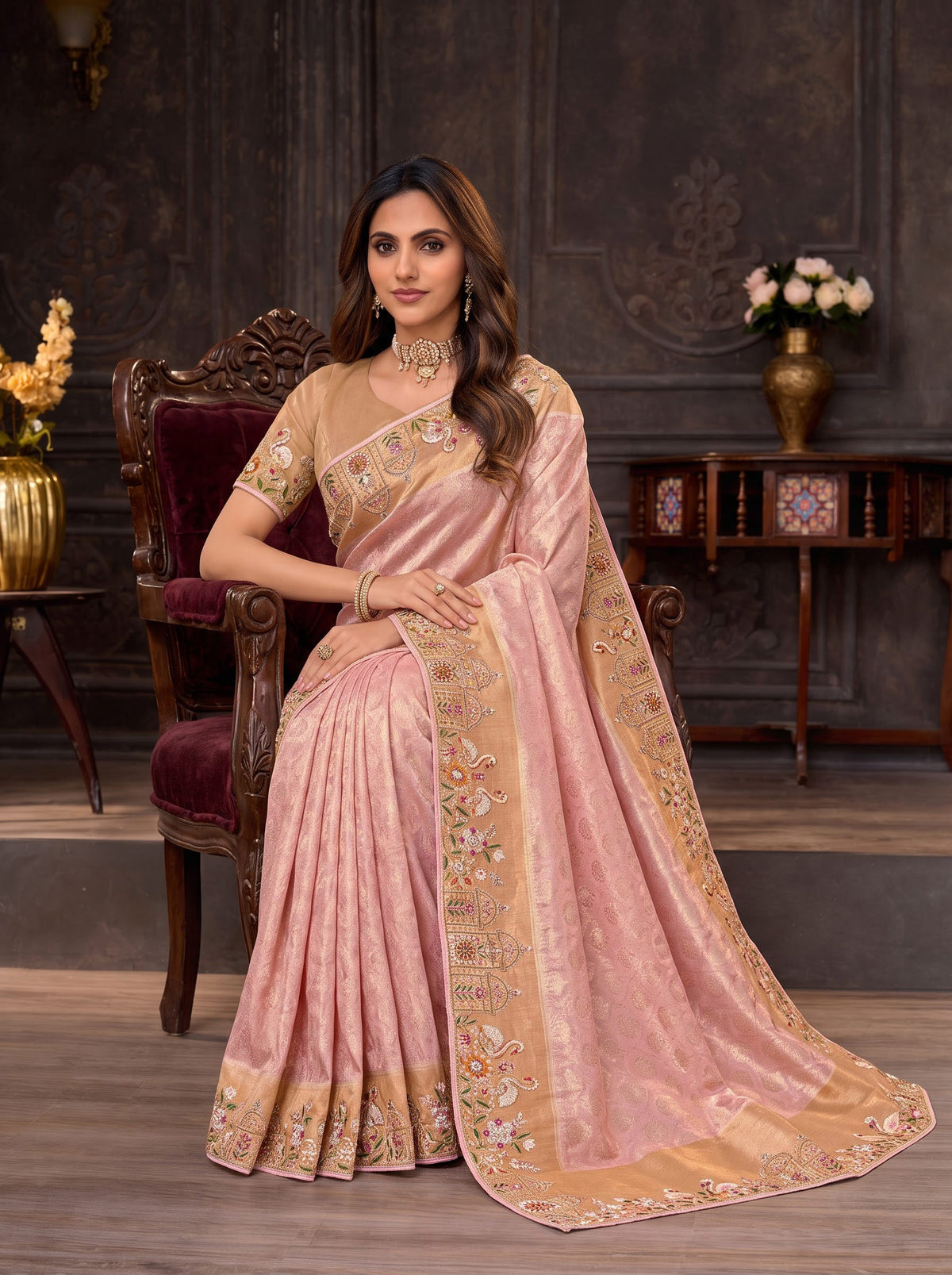Pink embroidered silk blend saree casual wear