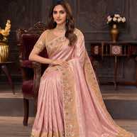 Pink embroidered silk blend saree casual wear