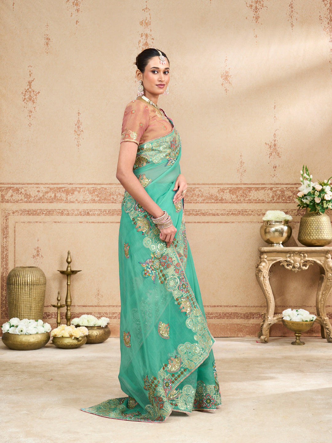 Blue embroidered tissue organza saree casual wear
