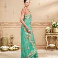 Blue embroidered tissue organza saree casual wear