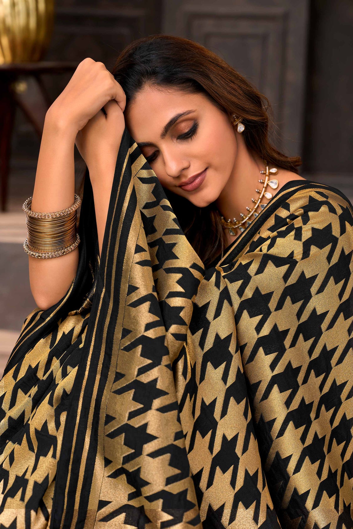Golden embroidered silk blend saree party wear