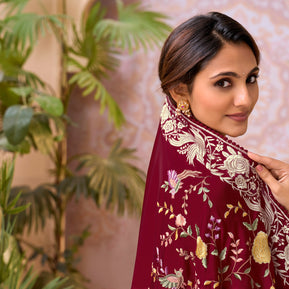 Maroon embroidered chiffon saree party wear