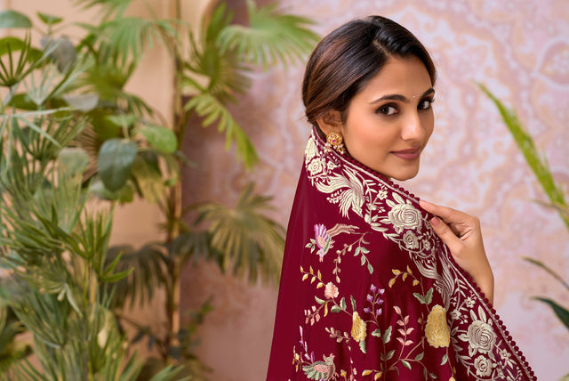 Maroon embroidered chiffon saree party wear