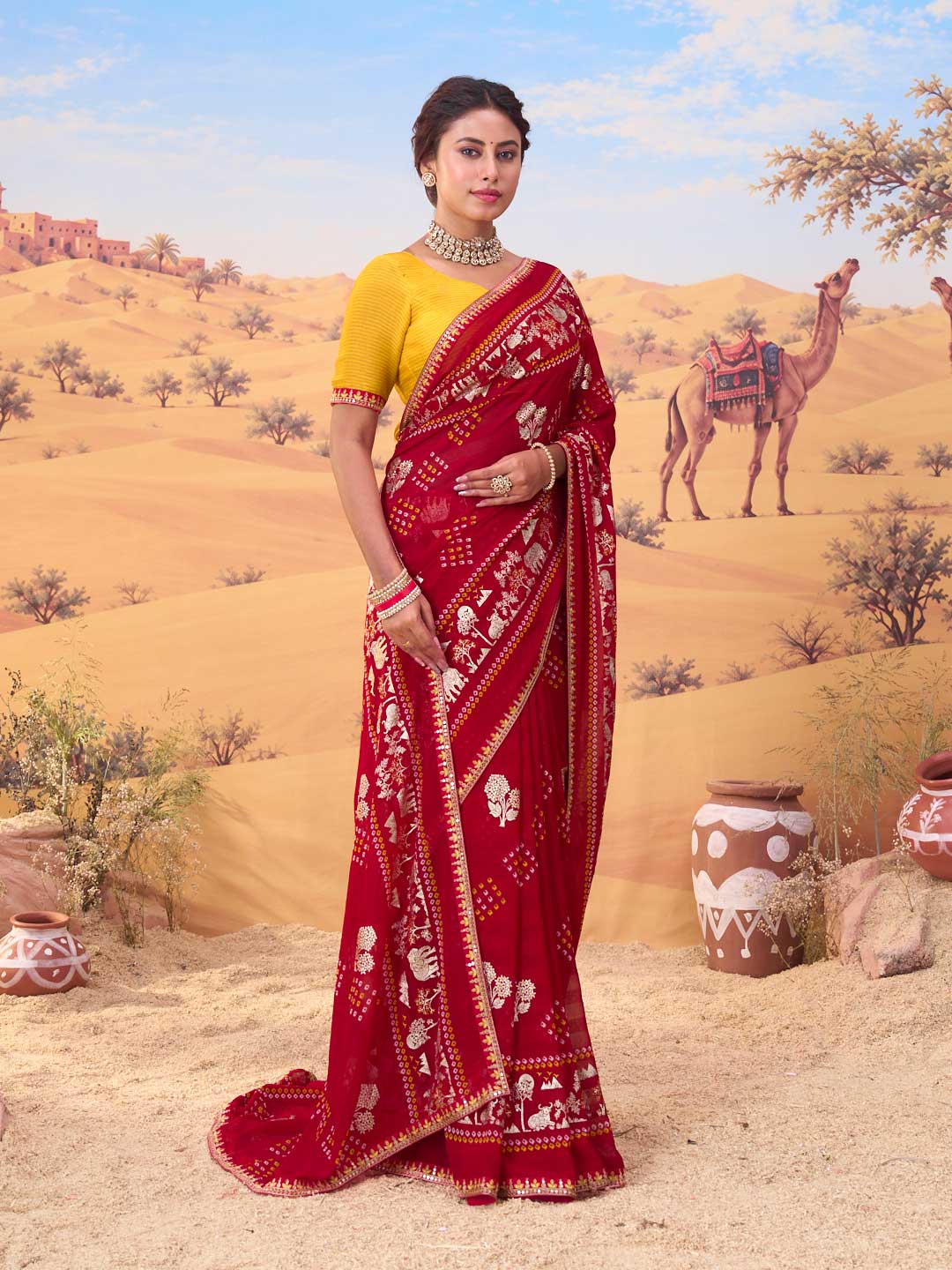 Red bandhani printed georgette saree casual wear