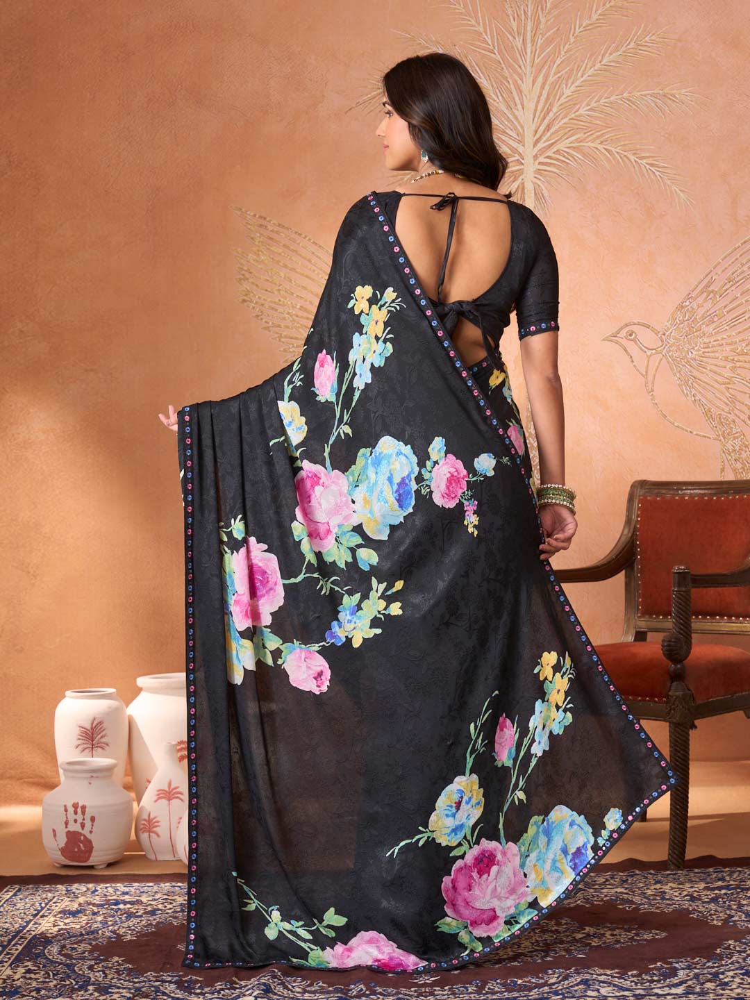 Black floral embroidered silk blend saree party wear