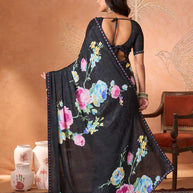 Black floral embroidered silk blend saree party wear