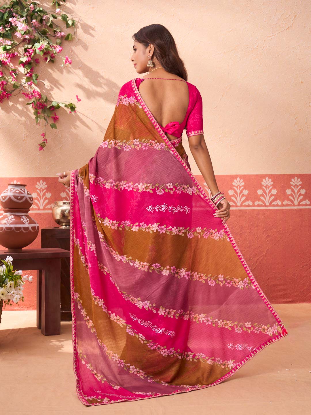 Pink floral printed chiffon saree party wear