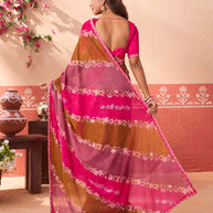 Pink floral printed chiffon saree party wear
