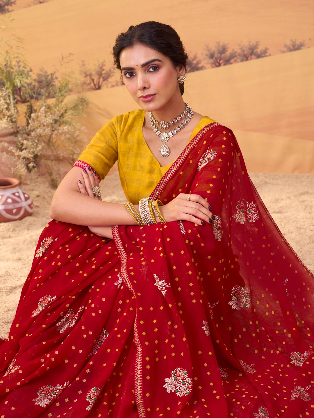 Red bandhani printed georgette saree wedding wear