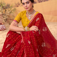 Red bandhani printed georgette saree wedding wear