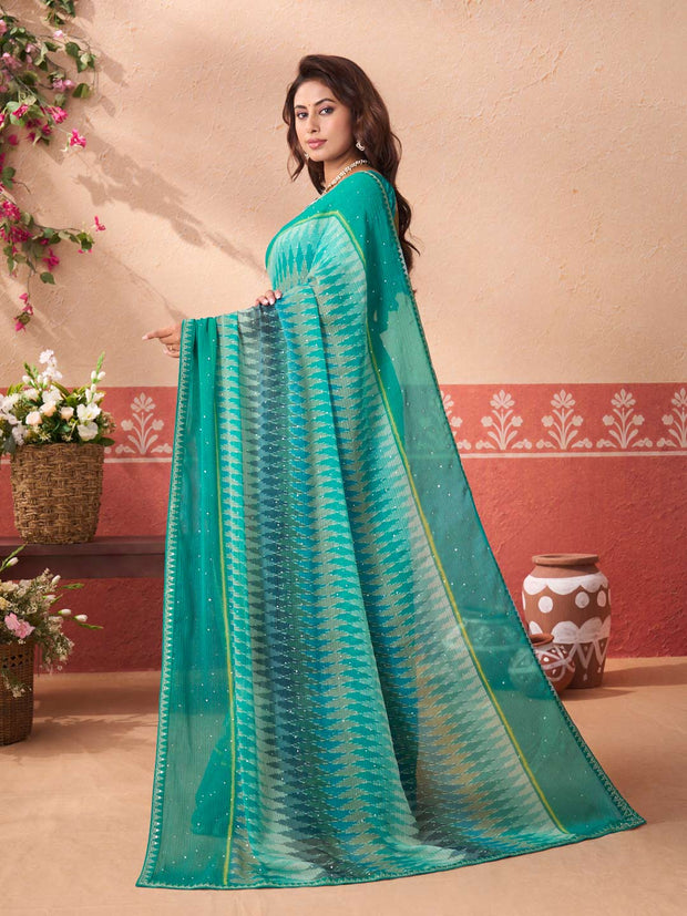 Blue printed chiffon saree daily wear
