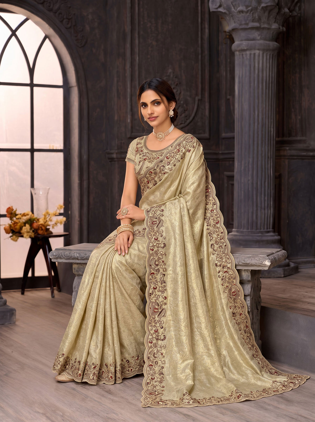 Cream embroidered silk blend saree wedding wear