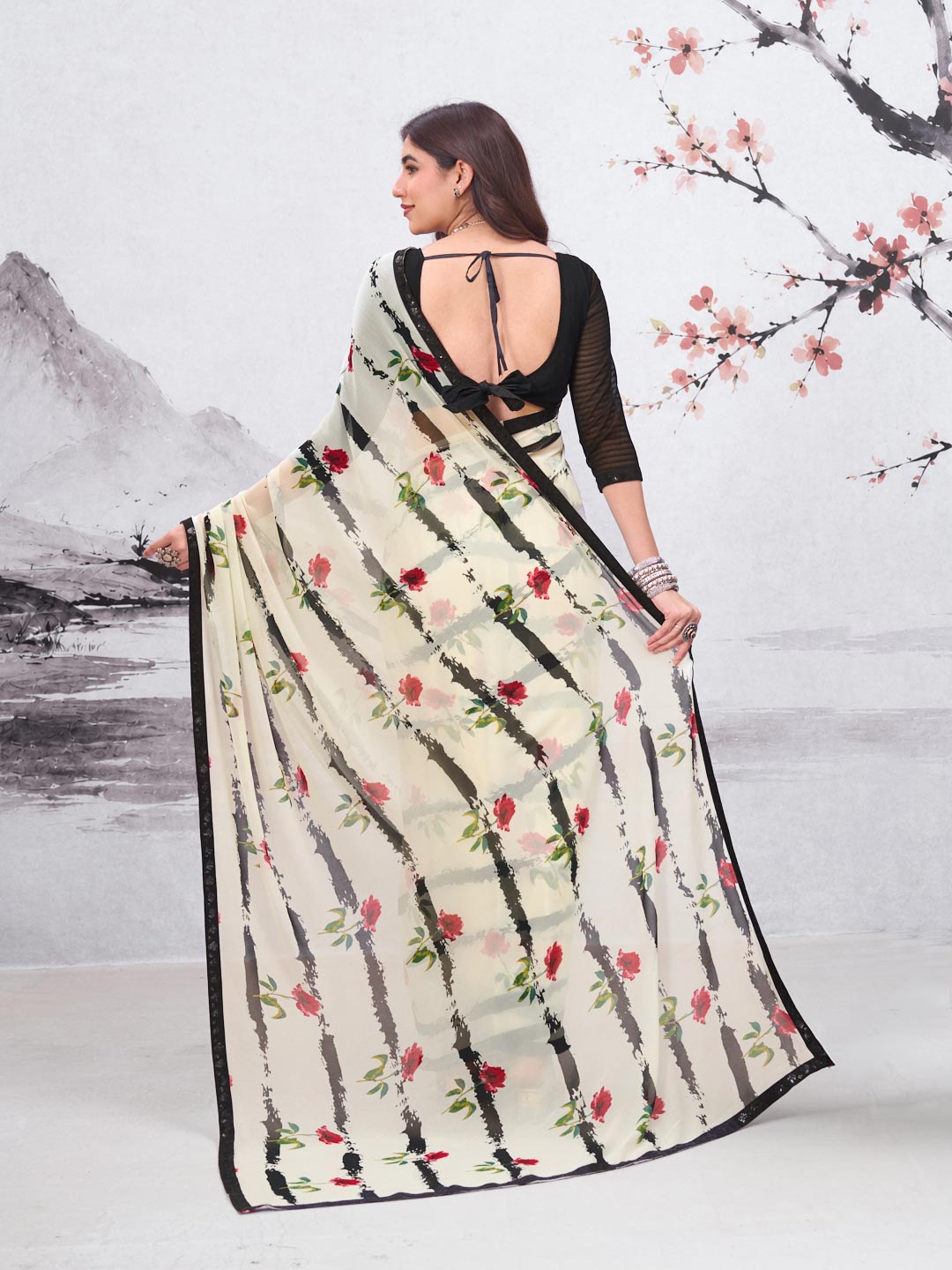 White floral printed georgette saree festive wear