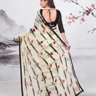 White floral printed georgette saree festive wear