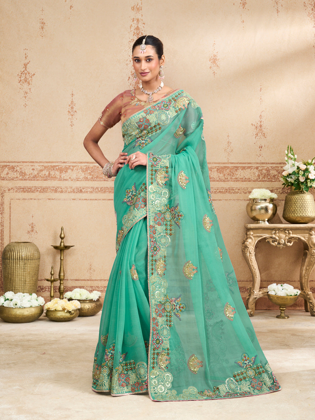 Blue embroidered tissue organza saree party wear