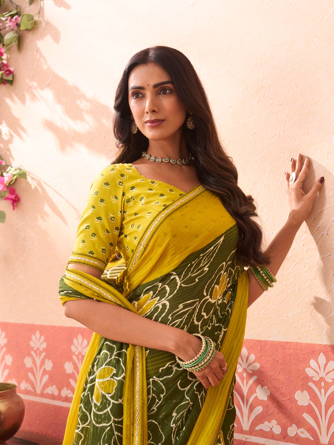 Green floral printed chiffon saree wedding wear