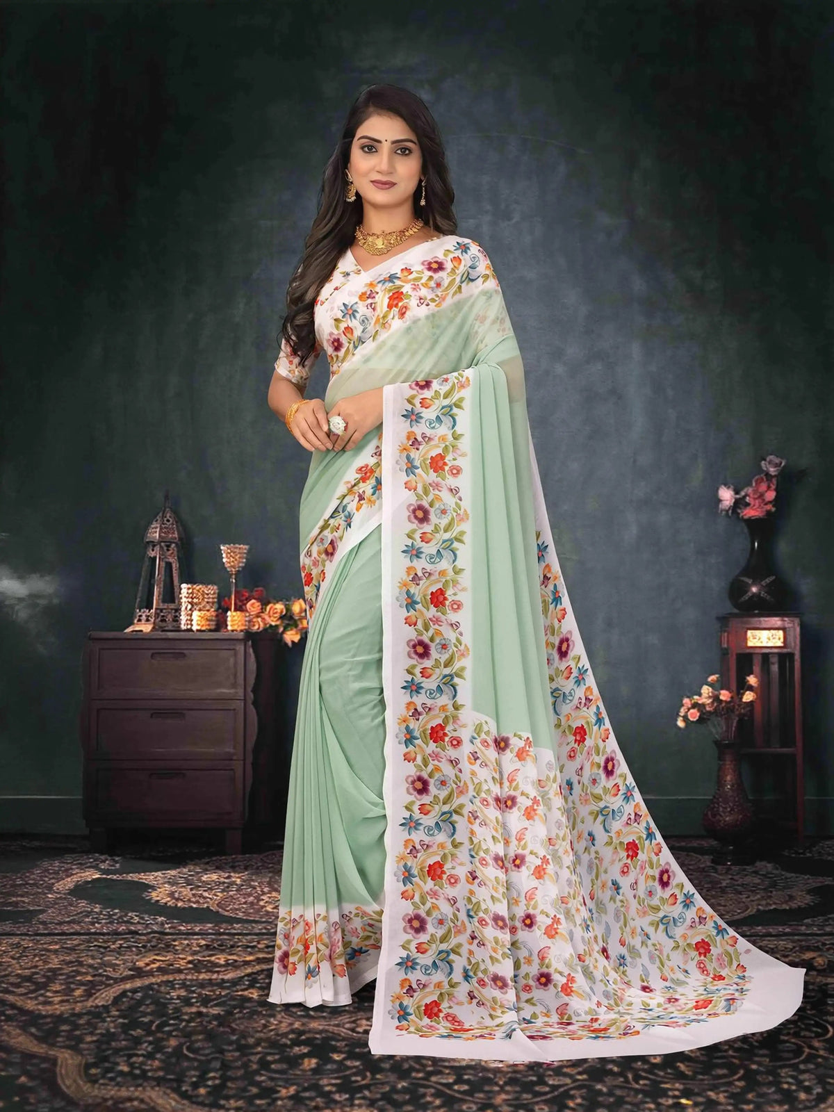Green floral printed georgette saree daily wear