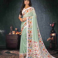 Green floral printed georgette saree daily wear