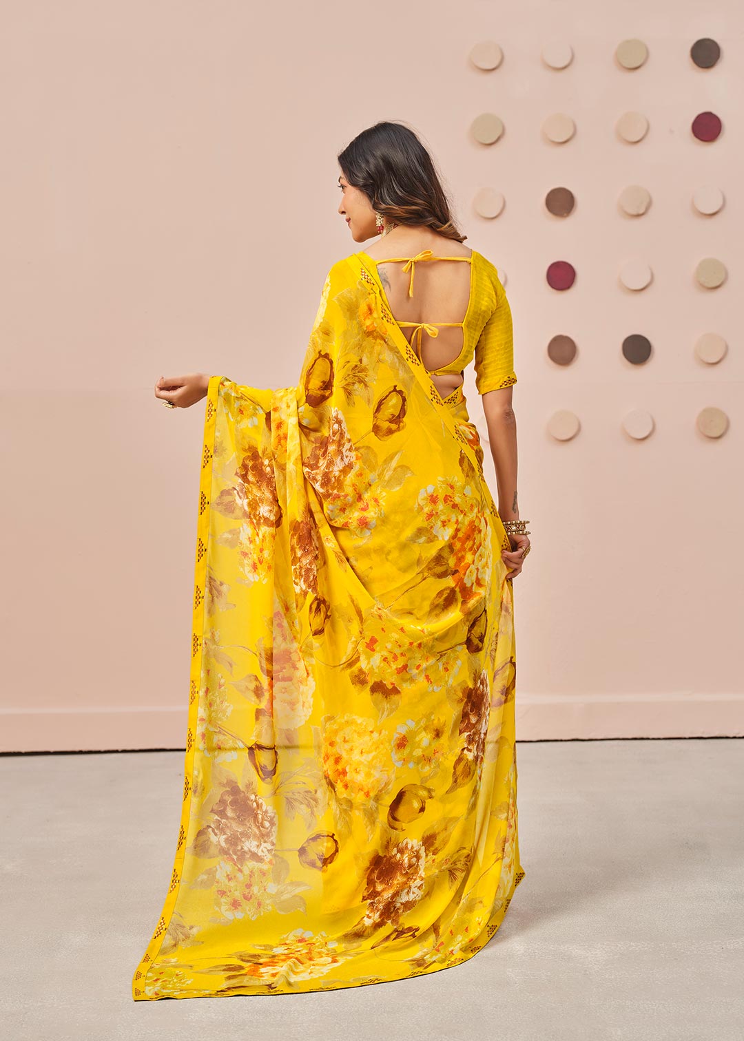Mustard floral printed georgette saree casual wear