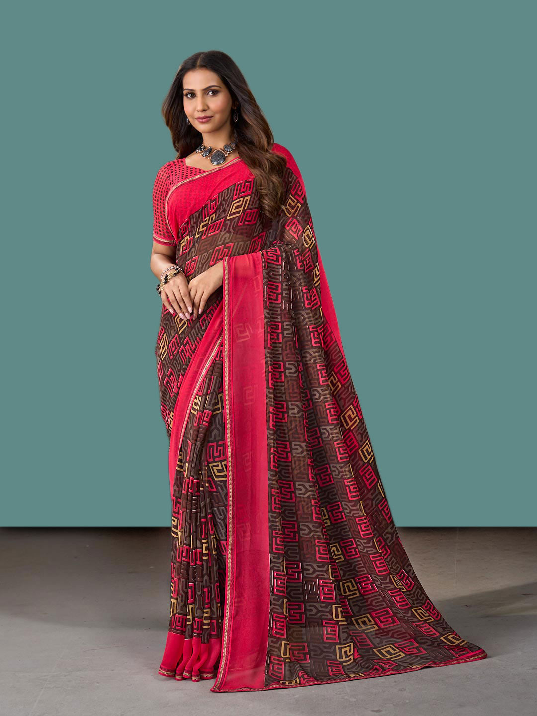 Laxmipati Rudramala Red Georgette Geometric Printed Saree