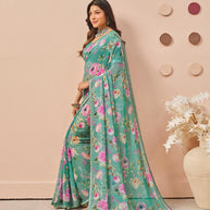 Blue floral printed georgette saree festive wear