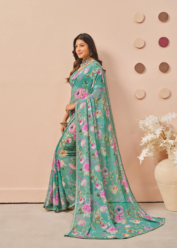 Blue floral printed georgette saree festive wear
