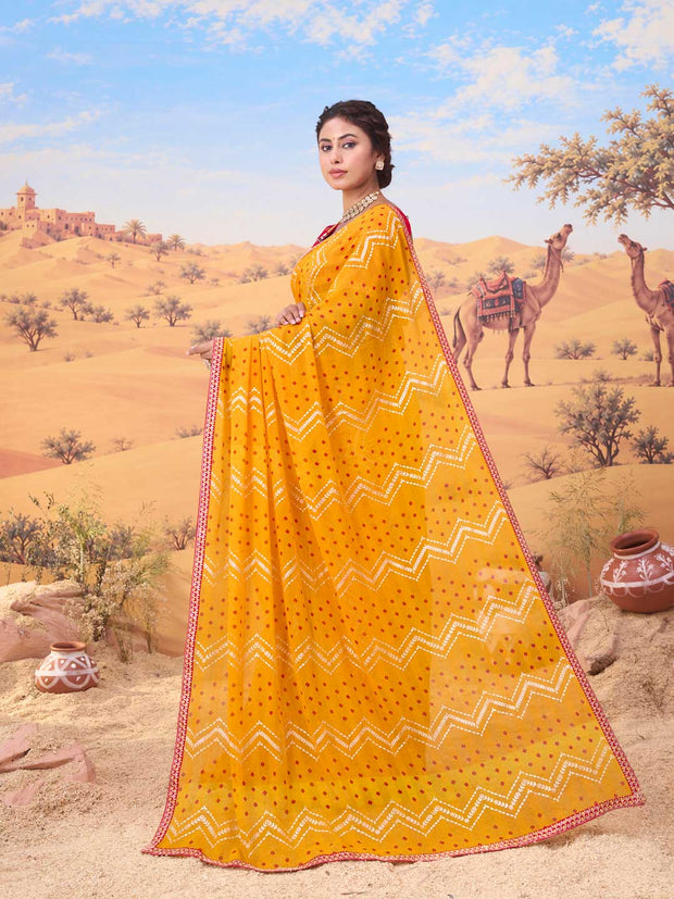 Orange bandhani printed georgette saree daily wear