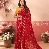 Red bandhani printed georgette saree daily wear