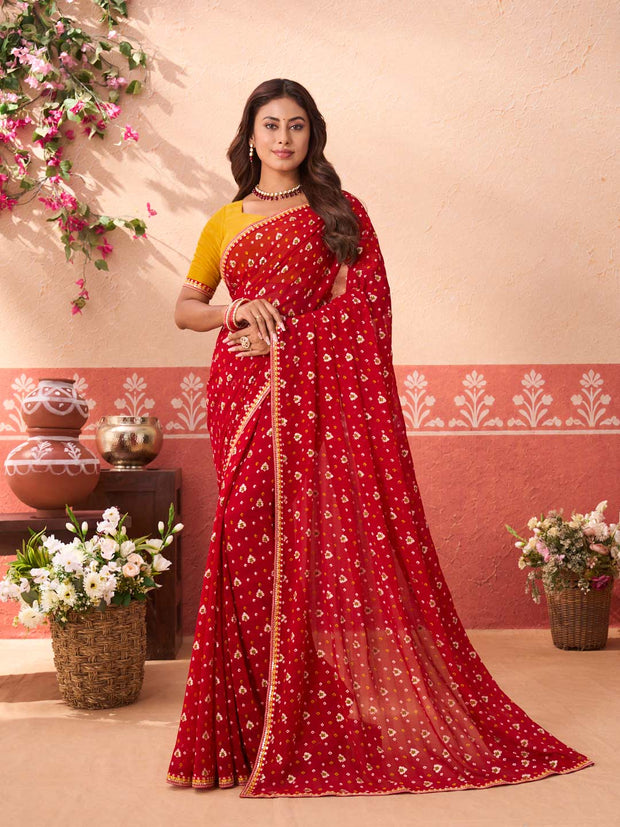Red bandhani printed georgette saree daily wear
