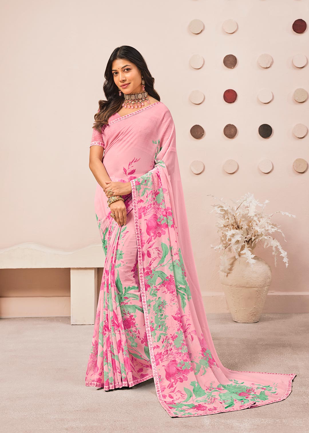 Pink floral printed georgette saree daily wear