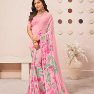 Pink floral printed georgette saree daily wear