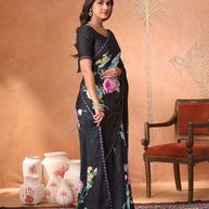 Black floral embroidered silk blend saree casual wear