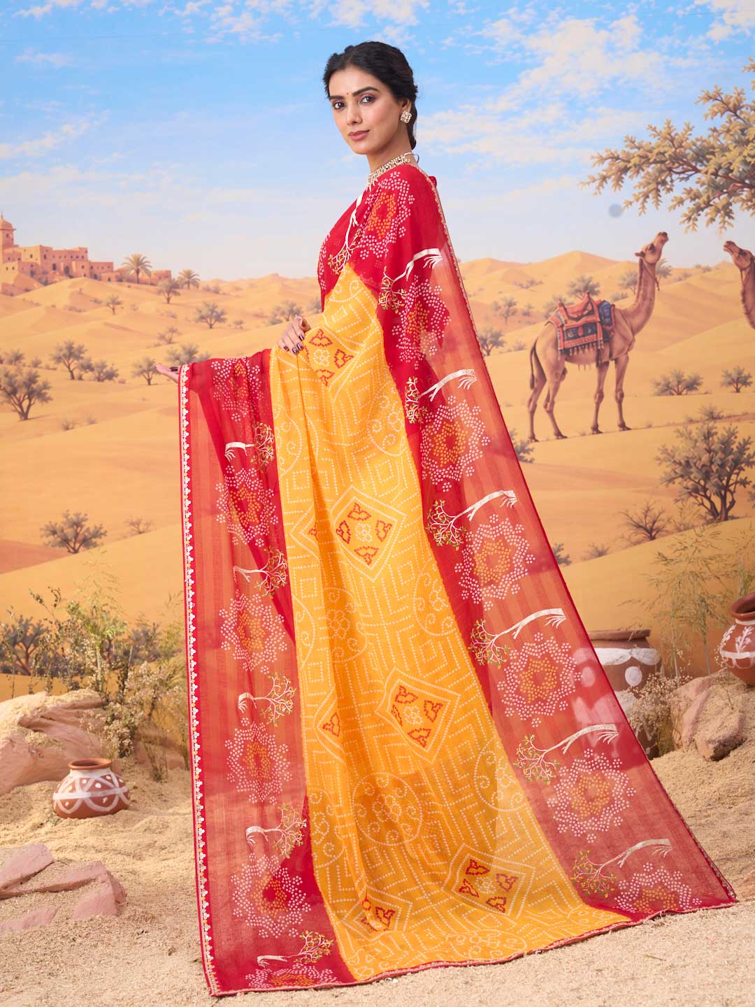Orange bandhani printed georgette saree casual wear