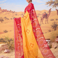 Orange bandhani printed georgette saree casual wear