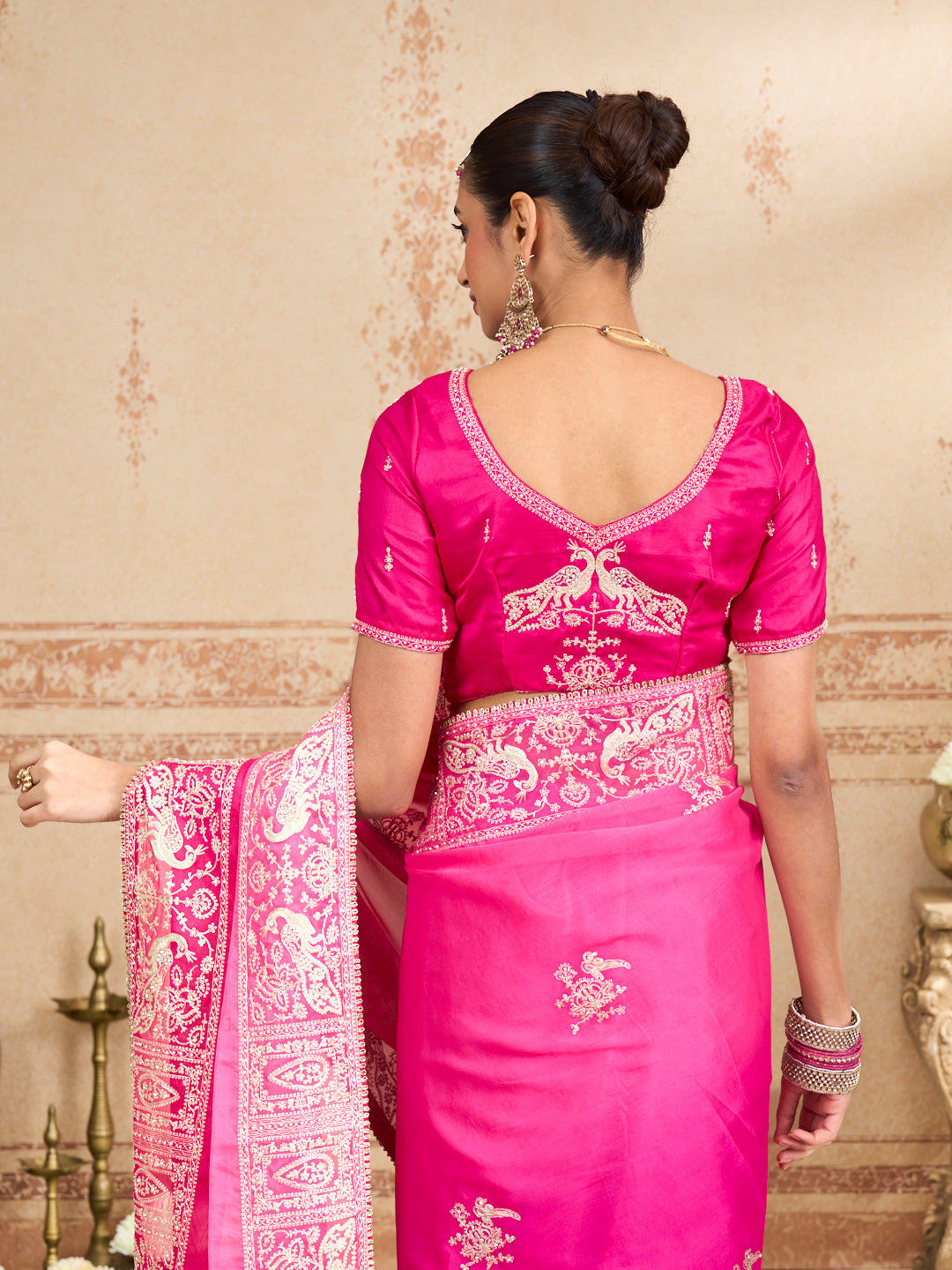 pink organza saree