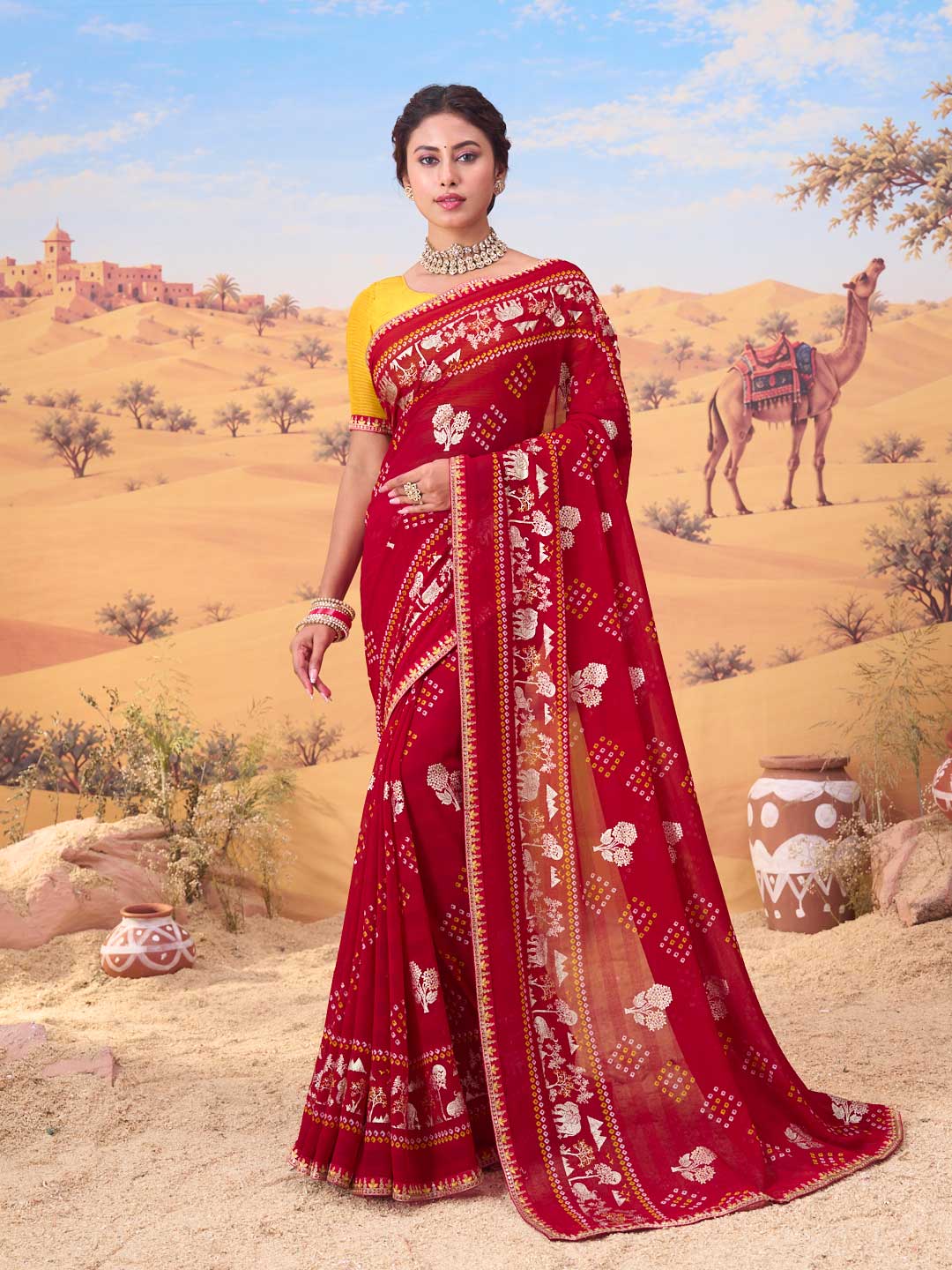 Red bandhani printed georgette saree festive wear