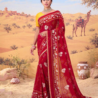 Red bandhani printed georgette saree festive wear