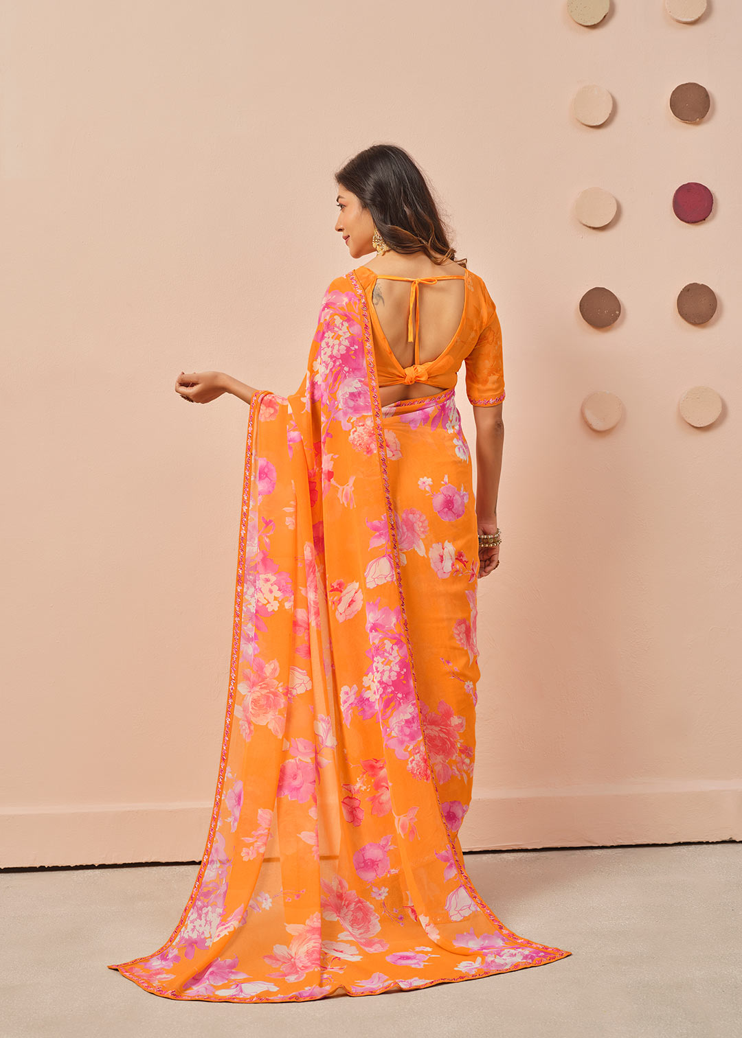 Orange floral printed georgette saree casual wear