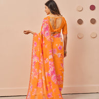 Orange floral printed georgette saree casual wear