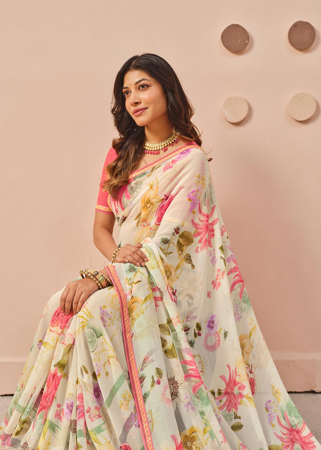 Cream printed georgette saree wedding wear