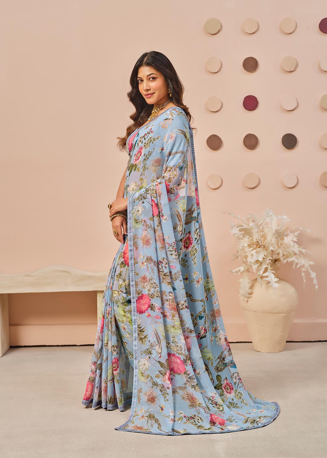 Blue floral printed georgette saree party wear